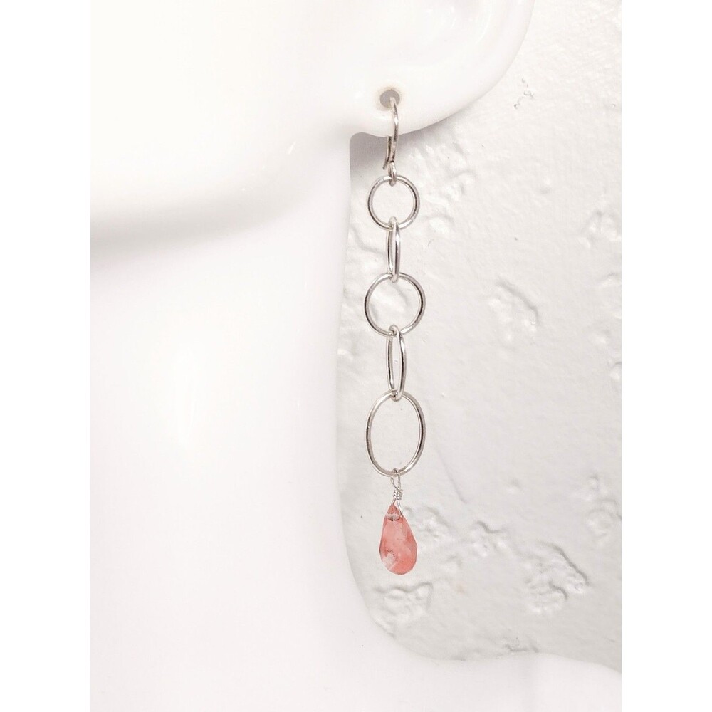 Sterling Silver 925 Pink Rose Quartz Dangle Links Earrings
